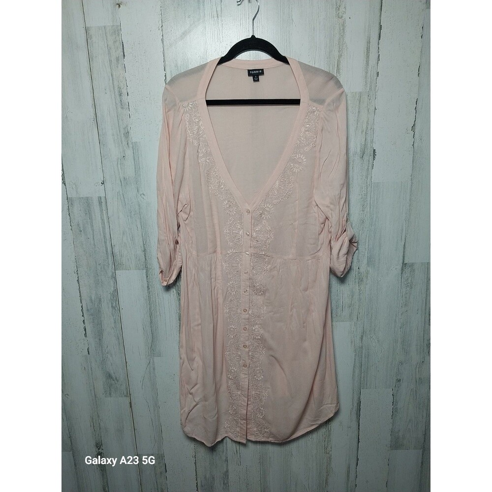 Torrid Size 1X Pink V Neck Embroidered Shirt Dress Semi Sheer